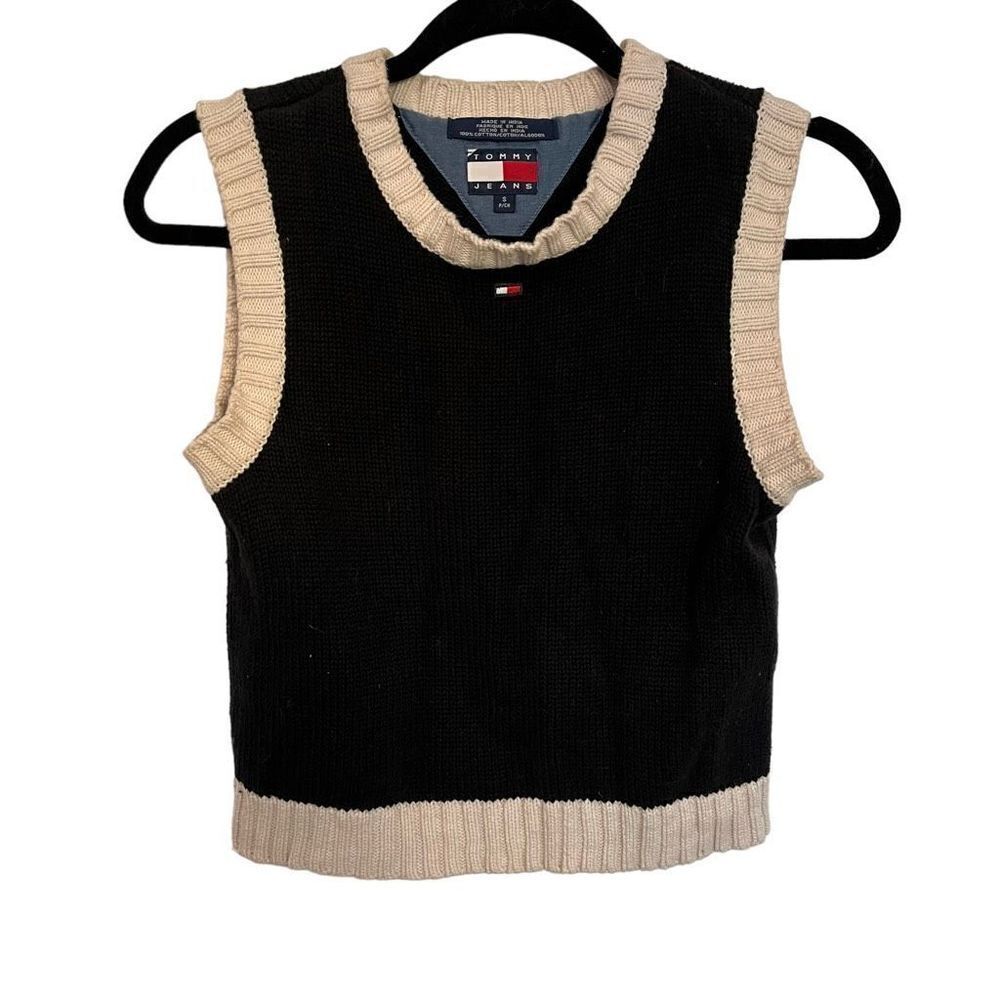 Tommy Jeans Women's Cropped Sleeveless Pullover Vest Black & Cream Size Small